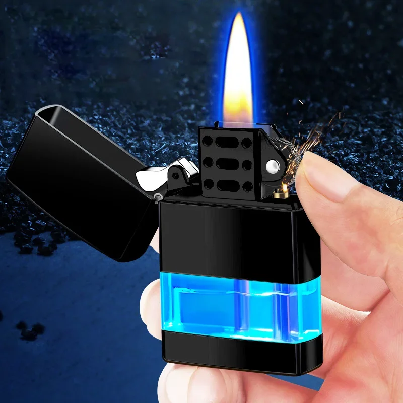 Cool LED Cigarette Lighter Grinding Wheel Lighters Windproof Flame Butane Gas Torch Lighter Metal Smoking Accessories Men\'s Gift