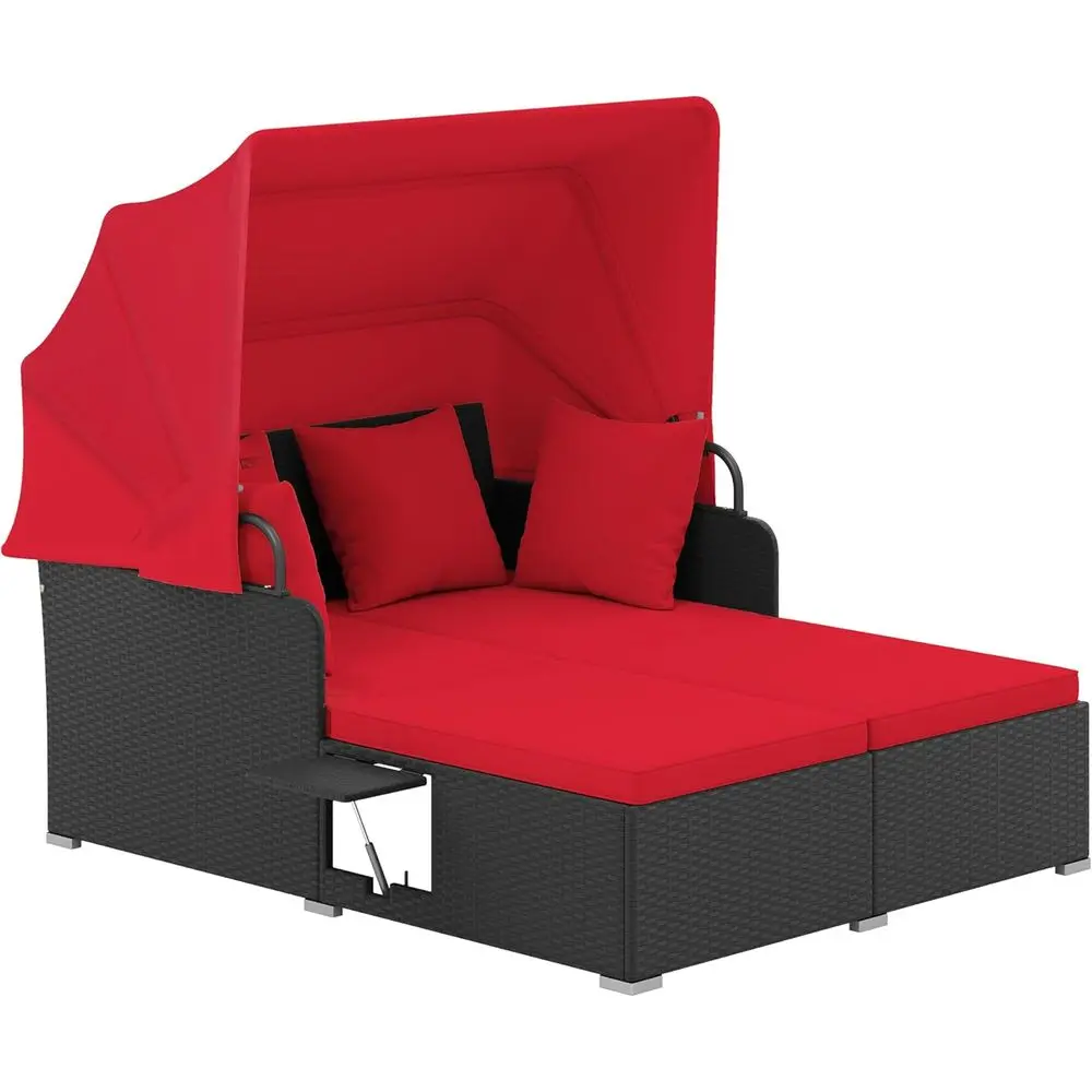 Patio Rattan Daybed with Retractable Outdoor Wicker Sunbed Lounger, 2 Foldable Side Tables, Thick Seat & Back Cushions, Double D