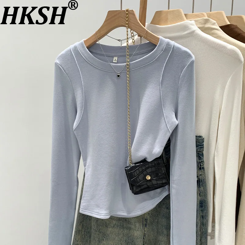 

HKSH 2023, осенне-зимняя новая женская футболка с круглым вырезом и длинными рукавами, однотонная, универсальная, элегантная, модная, повседневная, базовые топыHK14040