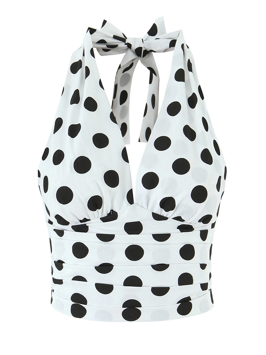 

Sexy Slim Fit Polka Dot Bal Neline Women's Vest Knot Cotton ort Length V-Ne Faion Casual Top