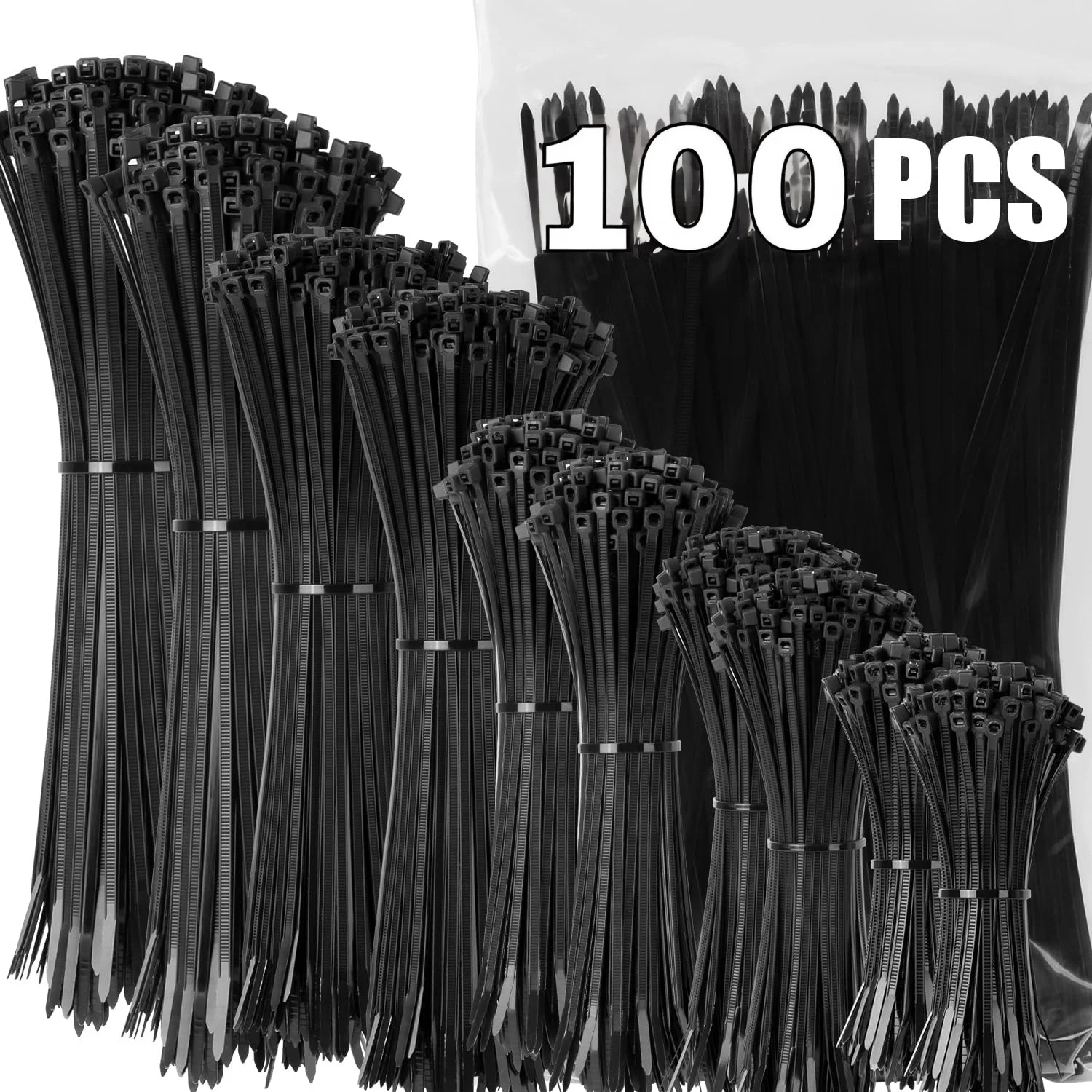 100 PCS Self-locking Plastic Nylon Tie 100 PCS Black Cable Tie Fastening Ring Cable Tie Zip Wraps Strap Nylon Cable Tie Set