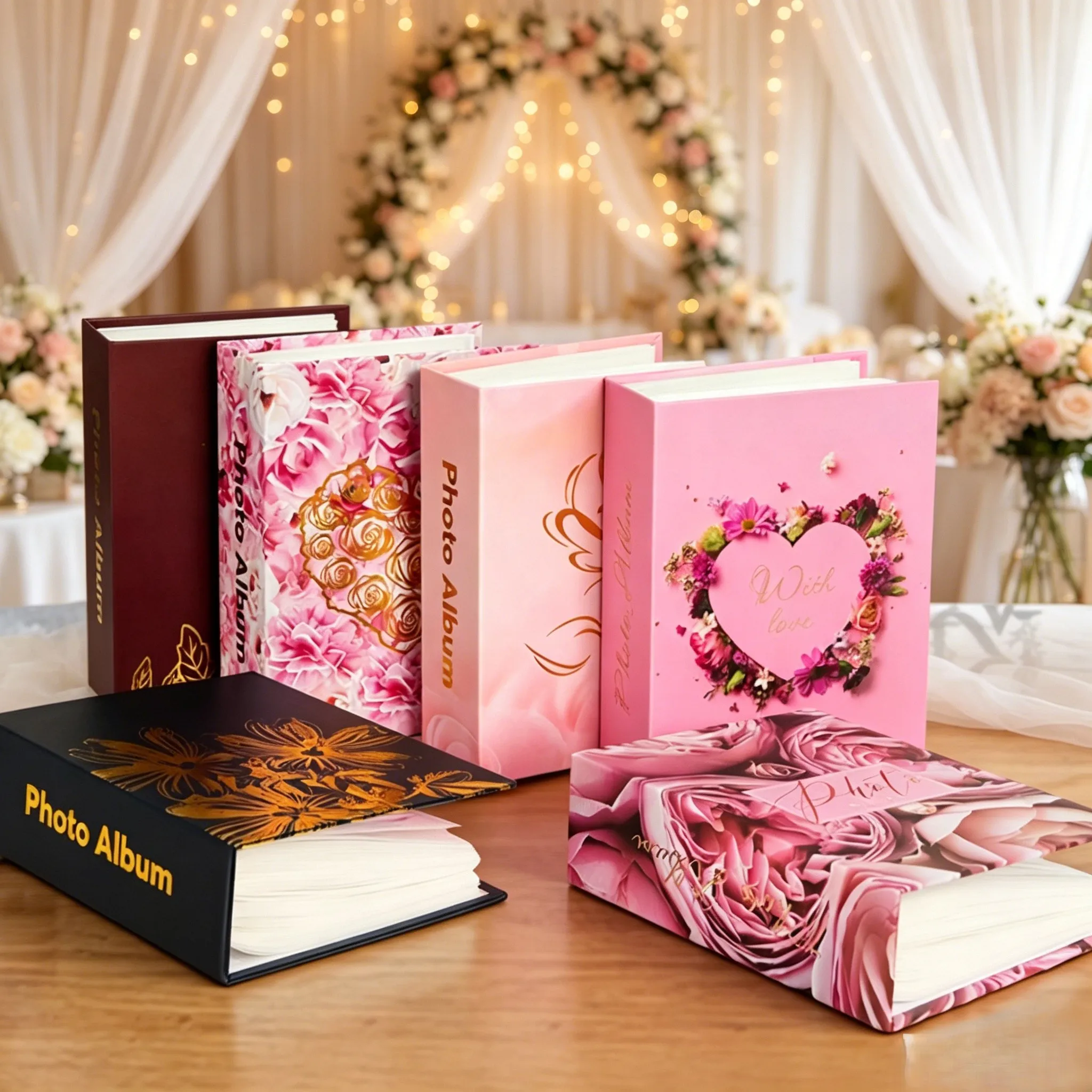 Album photo floral en feuille d'or 6 pouces 100 pochettes, livre de souvenirs de mariage romantique à la rose, cadeau pour photos de couple