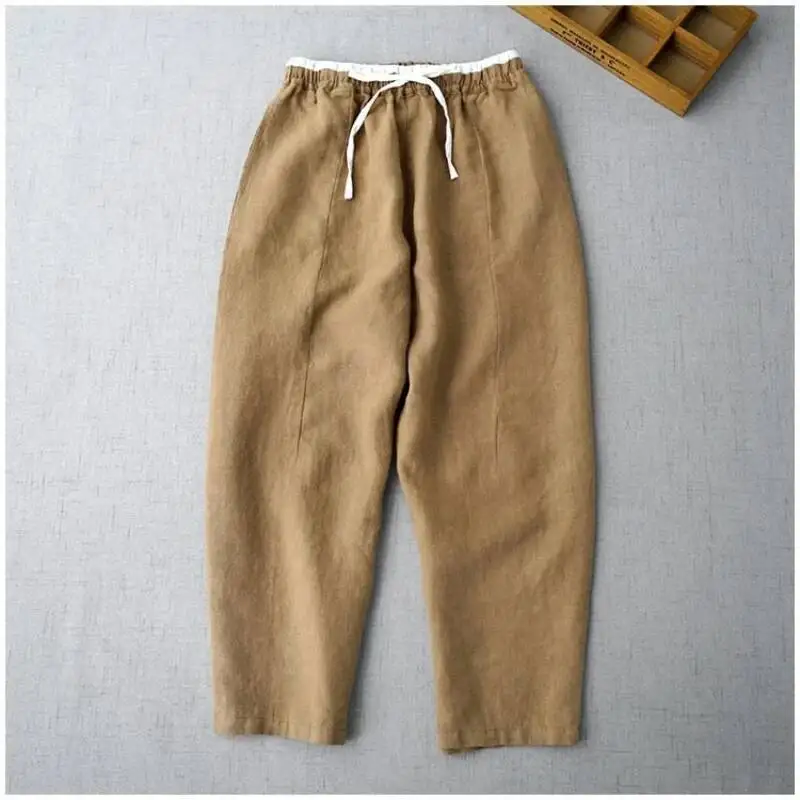 2025 Summer Women Cotton Linen Pants Vintage Elastic Waist Solid Pants All-matched Casual Loose Harem Trousers Pantalon