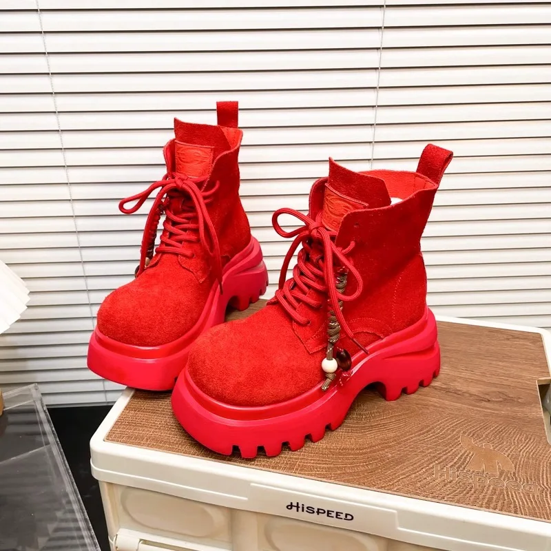 Matte Soft Leather Thick Soled Boots for Women,2025 Autumn New Fashion Women Boots,Ankle Boots Lace Up Round Toe Boots for Women