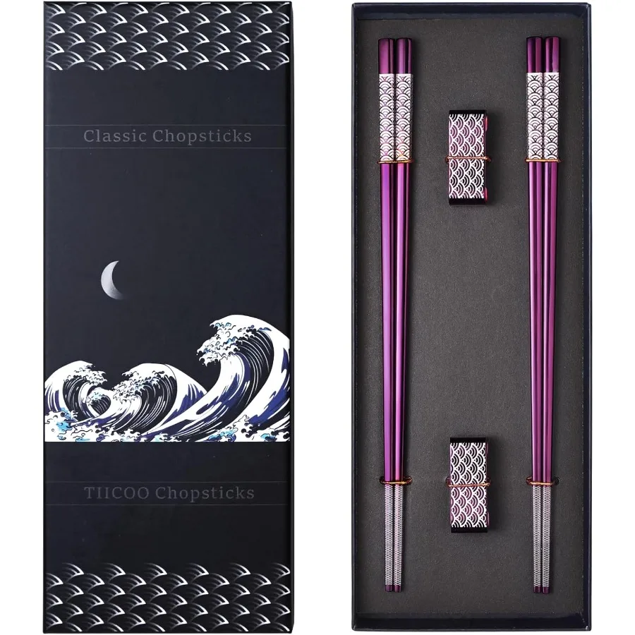 

Металлические палочки для еды, многоразовые, 2 пары, титановая нержавеющая сталь 18, 8, палочки для еды с держателем, можно мыть в посудомоечной машине, легкий японский стиль