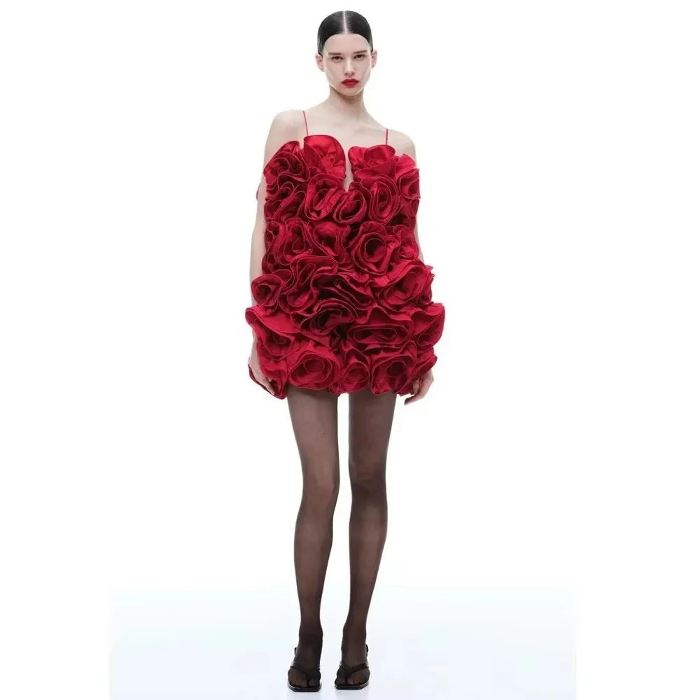 Special Designs Floral Dresses Pleated Layered Prom Gown Red Above Knee Length Costumes Mini Dresses Off Shoulder New Collection