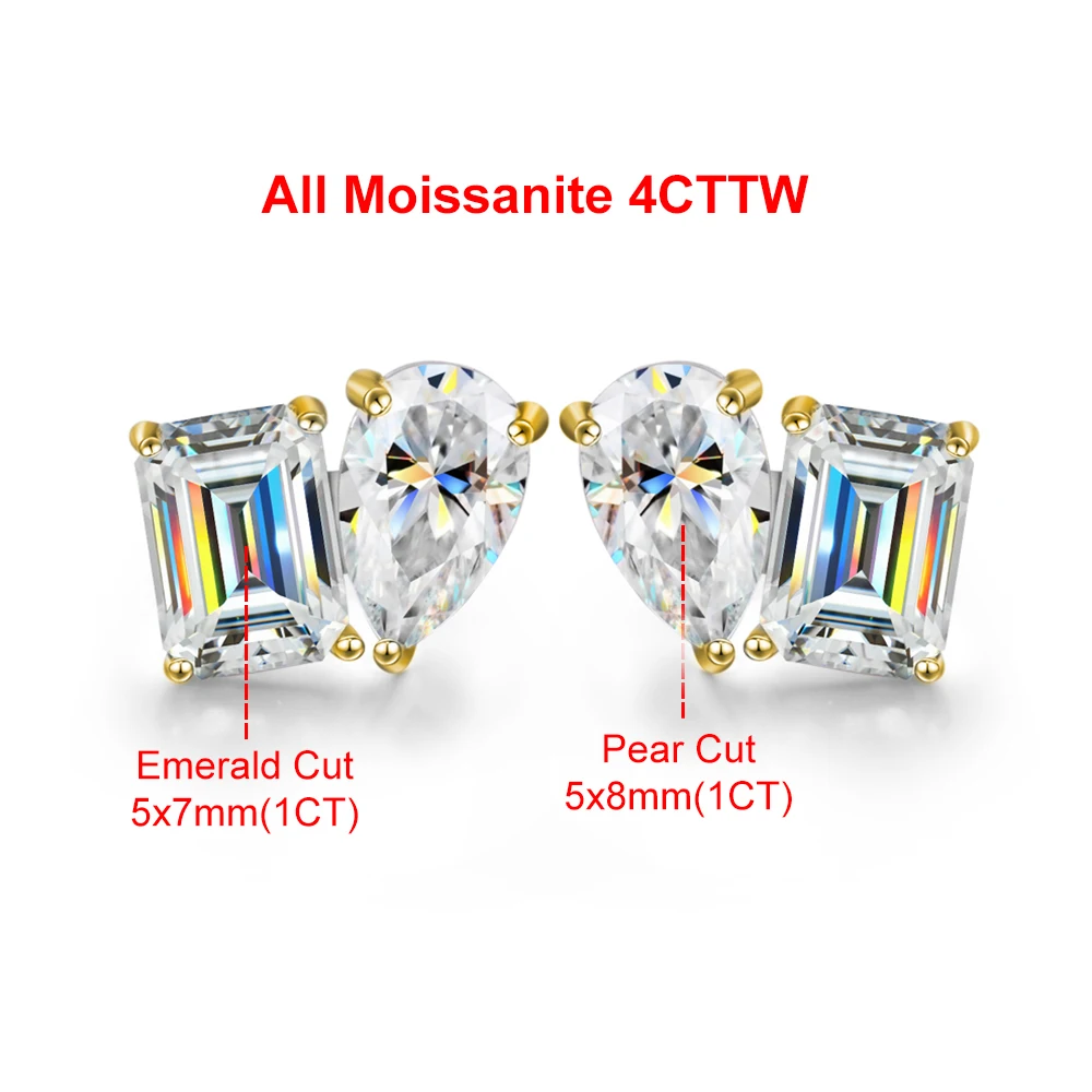 4CTTW Pear & Emerald Cut Moissanite Stud Earrings for Women 925 Sterling Silver Two Stone Ear Studs Party Wedding Jewelry Gift image 3