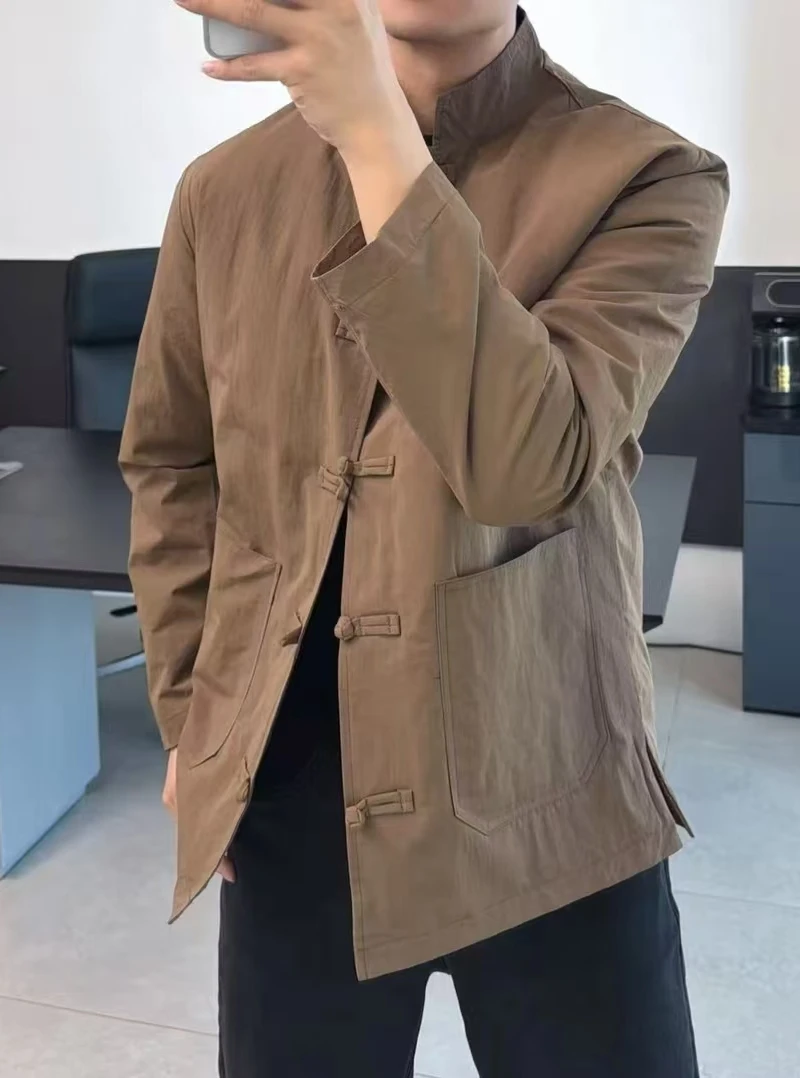 

Новая мужская модная куртка-танкокс для весны и осени с пуговицами на манжетах, стильная этническая одежда, повседневная, однотонная, без бренда