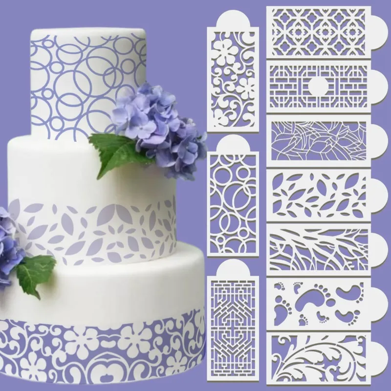 10Pccs Cake Border Stencils Floral Geometric Hollow Template, Cake Side Spray Mold for Wedding Birthday Fondant Decoration