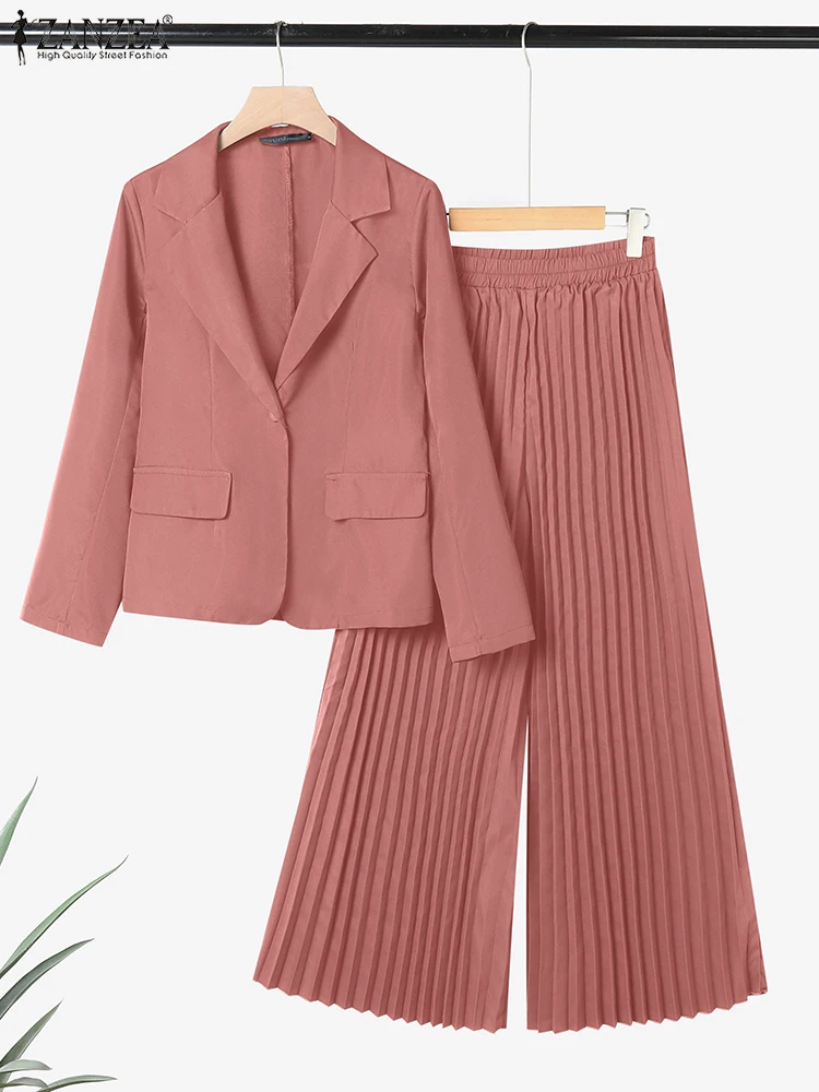 ZANZEA Autumn 2 Piece Sets Women Office Outfits 2025 Elegant Long Sleeve Blazer Wide Leg Pleated Trousers Suit Muslim Tracksuits