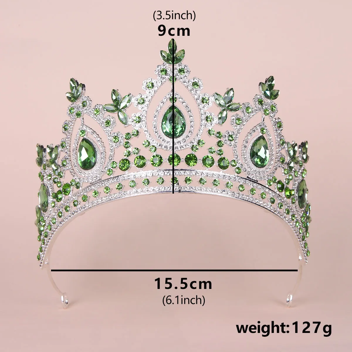Green Quinceanera Pageant Crown Diadem, Wedding Tiara for Bride, Gold Princess Tiara