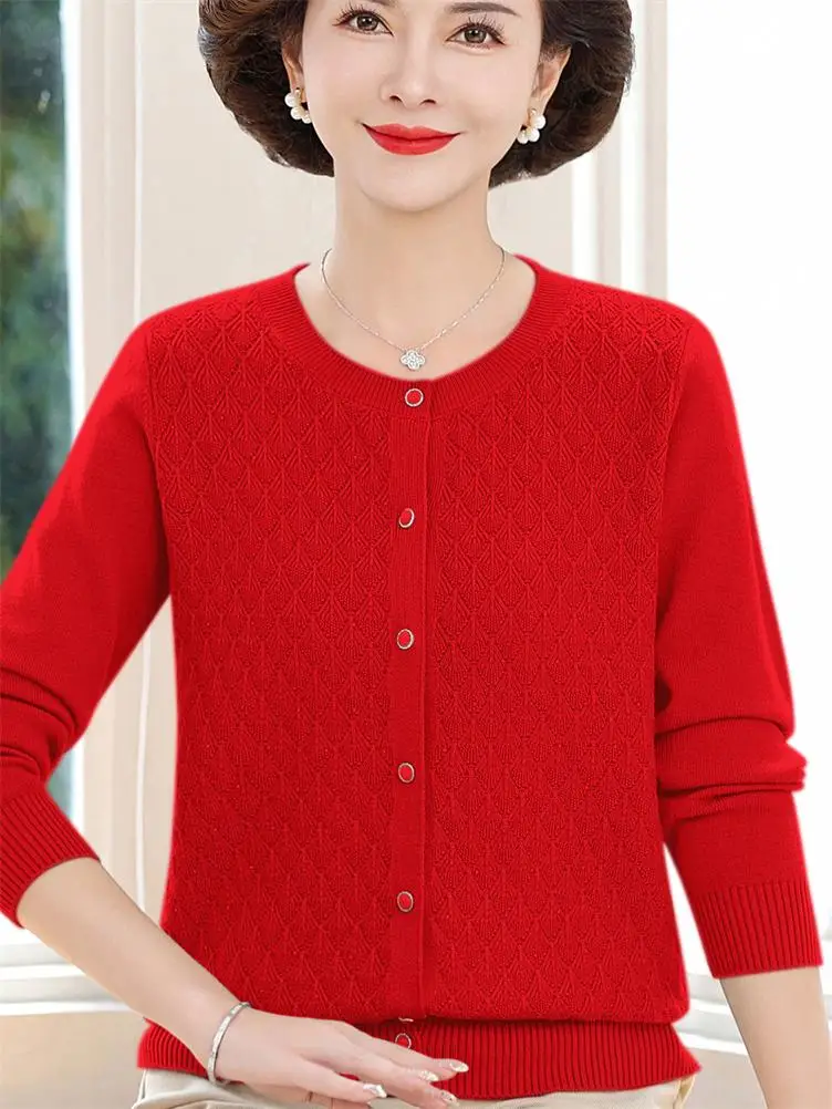 

Красный шерстяной свитер, пальто большого размера, свободный открытый кардиган для имы, модная трикотажная одежда для мамы, Thiened, осень-зима