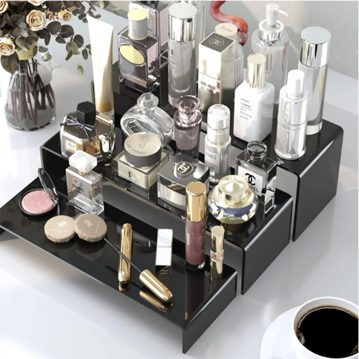 Black Acrylic Display Risers,Acrylic Shelf Organizer Display Stand,Conutertop Desktop Stands for Decoration and Organizer