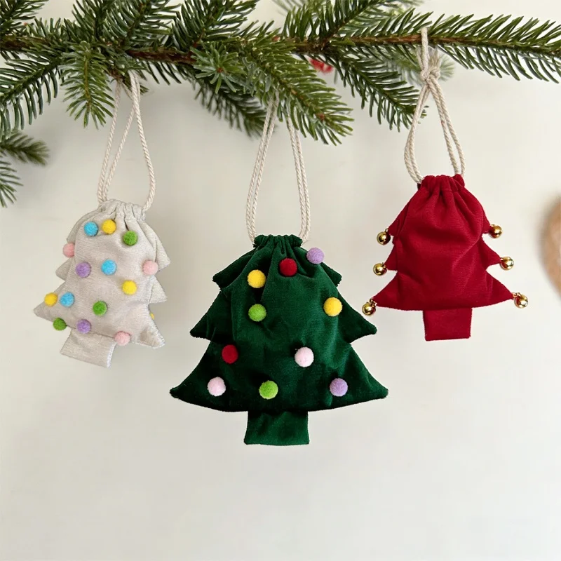 Christmas Drawstring Bags Keychain Xmas Cotton Bags Pendant Red Wrapping Storage Bags for Gift Candy Goodie Party Suppliy