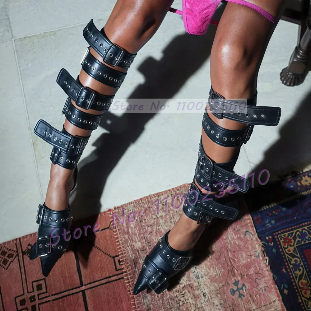 

Черные сандалии до колена с пряжкой и ремешками, женские гладиаторы, сандалии на металлическом каблуке с острым носком, женские летние туфли на шпильке с ремешками