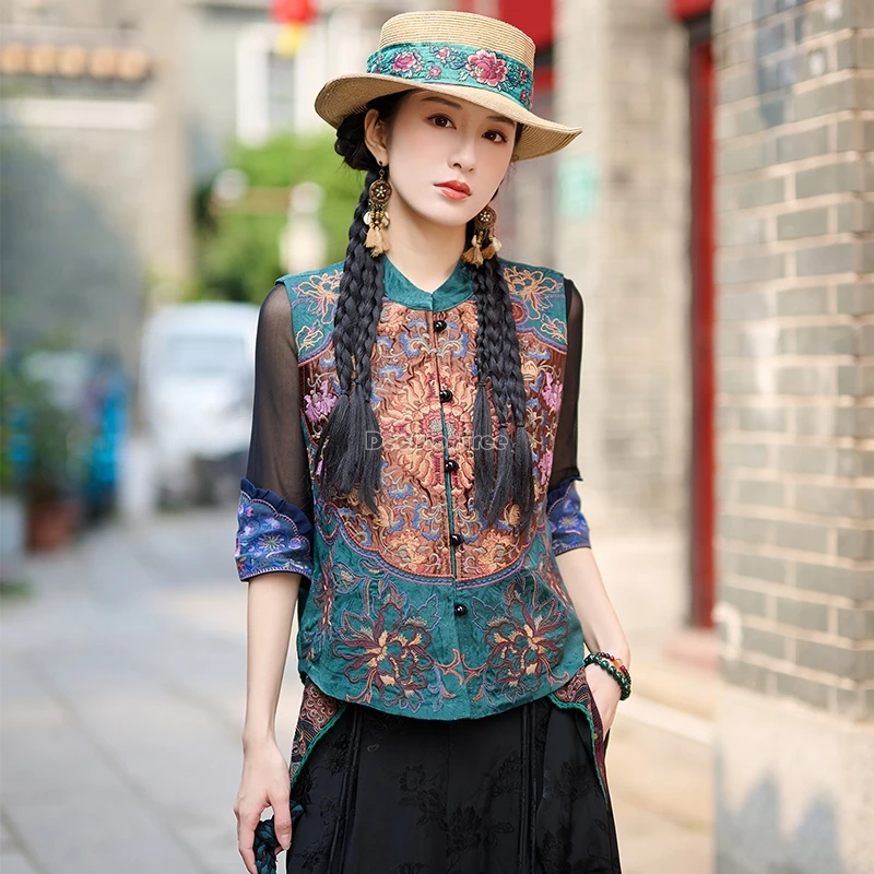 2024 chinese ethnic style new spring and summer stand collar round neck jacquard embroidered waistcoat women retro vest top t001