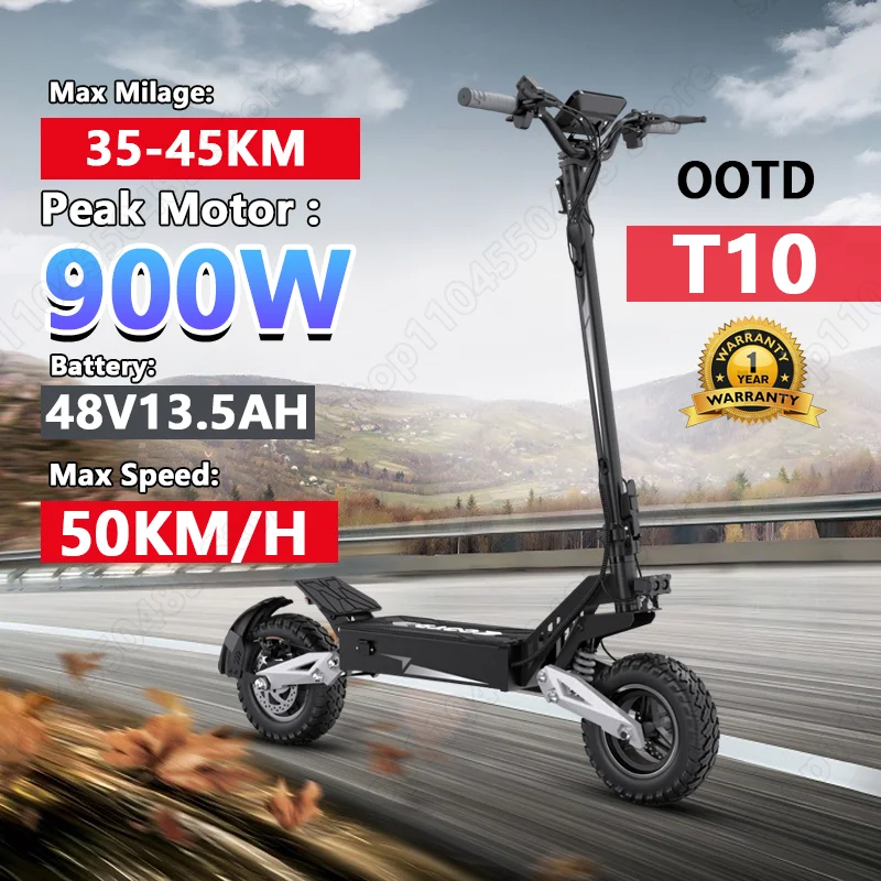 

OOTD T10 E-Scooter 900W Peak Motor 48V13.5AH Lithium Battery LED Display Electric Scooter 11-inch Tires Fold Scooters Electric