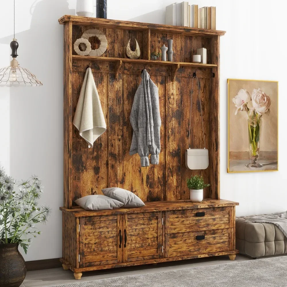 Hall Tree with Storage Cabinet and 2 Large Drawers, Widen Mudroom Bench with 5 Coat Hooks, Rustic Brown, Coat Rack