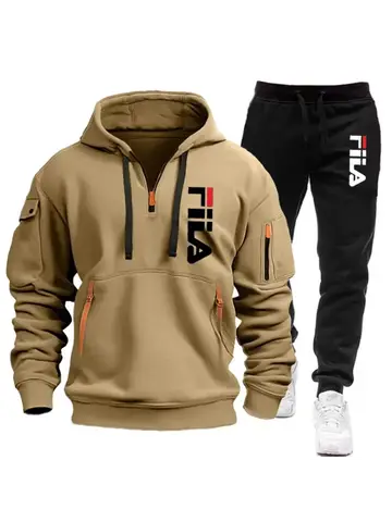 Autumn and Winter 2025 new men's hooded sweatshirt + pants two-piece set, outdoor multi-pocket men's pullover sportswear set