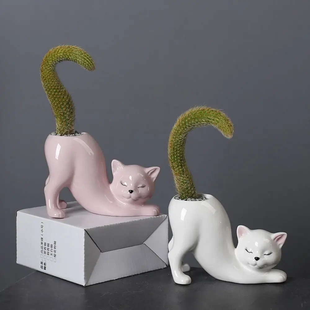 Ceramic Cat Tail Column Flower Pot Creative Cartoon Succulent Flowerpot Cute Handicraft Animal Figurines Sculpture