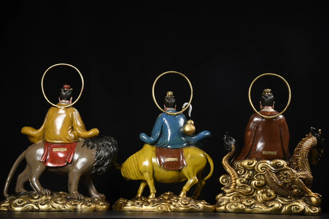 17 "مجموعة معبد التبت القديمة المطلية بالبرونز سانتشينغ البطريرك لورد لاو زي ثلاثة الخالدون الوحش الإلهي الخلفي قاعة العبادة