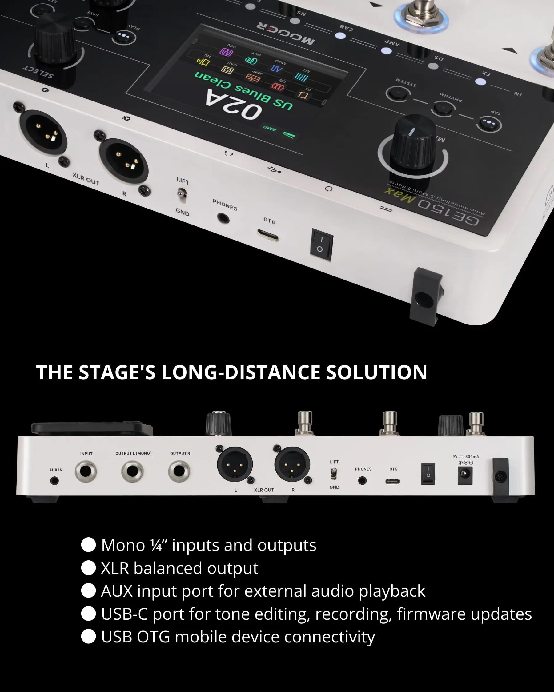 MOOER GE150 MAX Amp النمذجة ودواسة متعددة التأثيرات: 200 إعداد مسبقًا/55 أمبير/8 مفاتيح قدم/شاشة LCD مقاس 3.5 بوصة/آلة طبلة وبطول