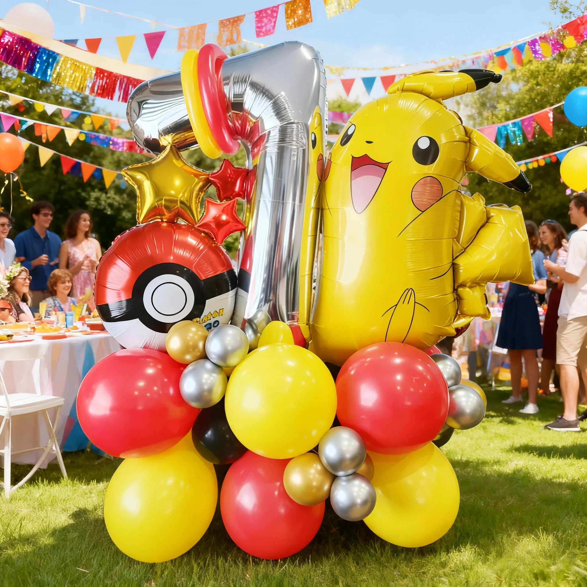 33 Uds. Juego de globos de aluminio con tema de Monster Pikachu, 32 pulgadas, número dorado 0-9 °, suministros de decoración para fiesta de cumpleaños para niños, Baby Shower