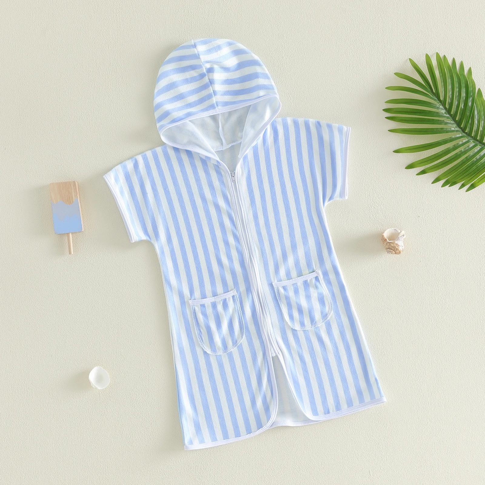 1-6Y Kids Cover-ups Striped Zip Up Short Sleeve Hooded Swimwear Robe Shawl for Beach Pool for Boys Girls Swimsuits