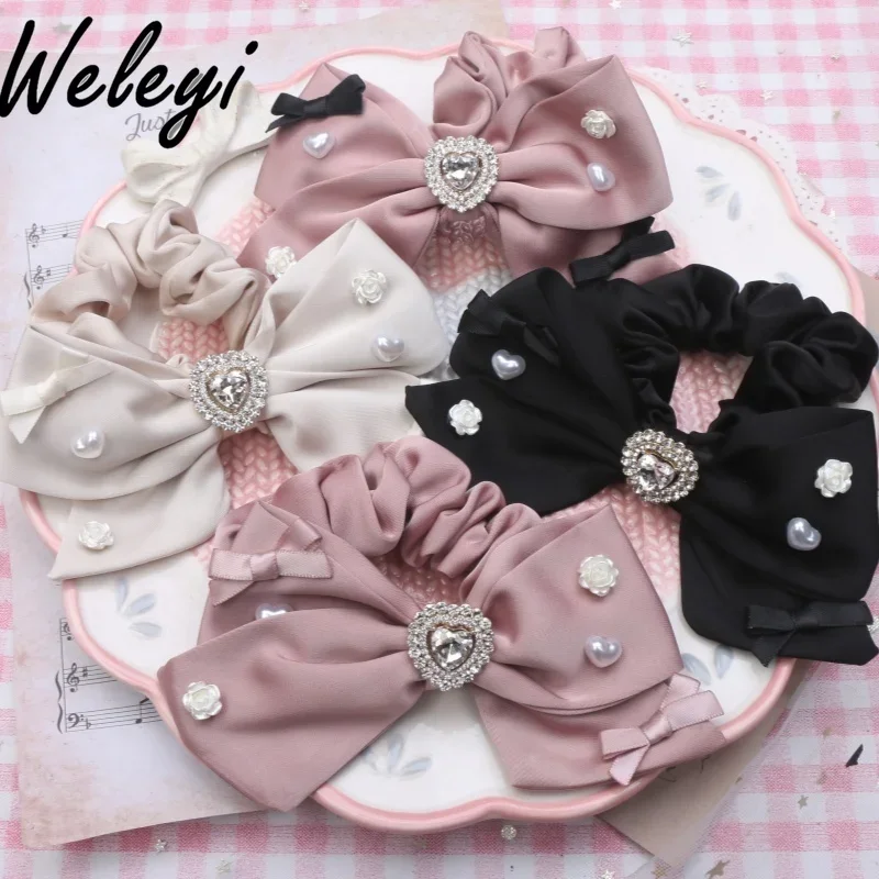 

Sweet Beautiful Woman Hair Accessories Cute Girl Big Bow Love Rhinestone Large Intestine Hairband Elastic Ponytail Hair Tie