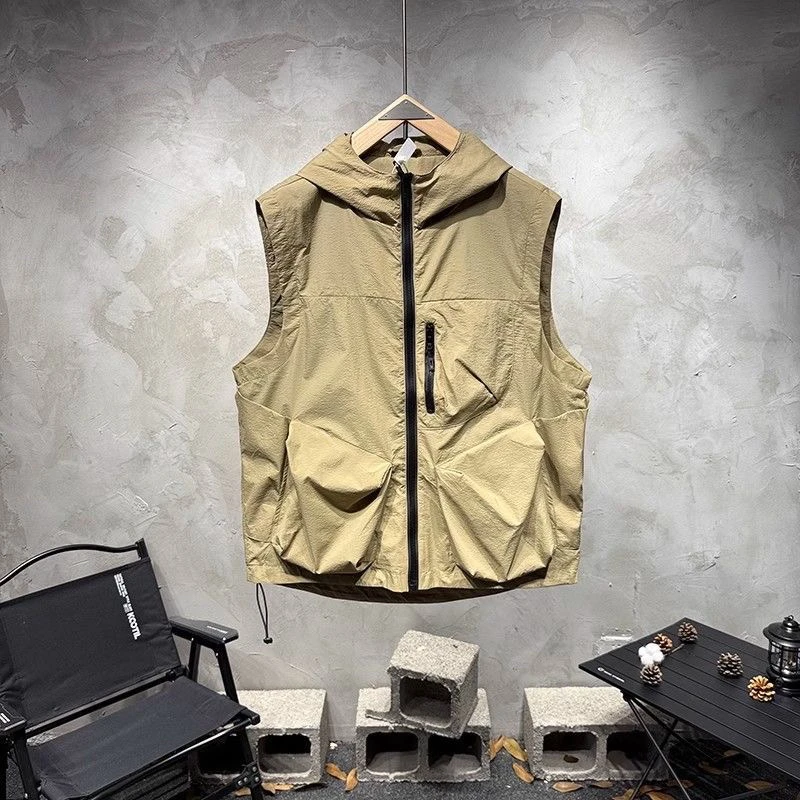 Summer Outdoor Men's Loose Fit Thin Hooded Vest Fashionable Casual Pure Color Shoulder Pad Jacket Trendy Workwear Multi-Pocket