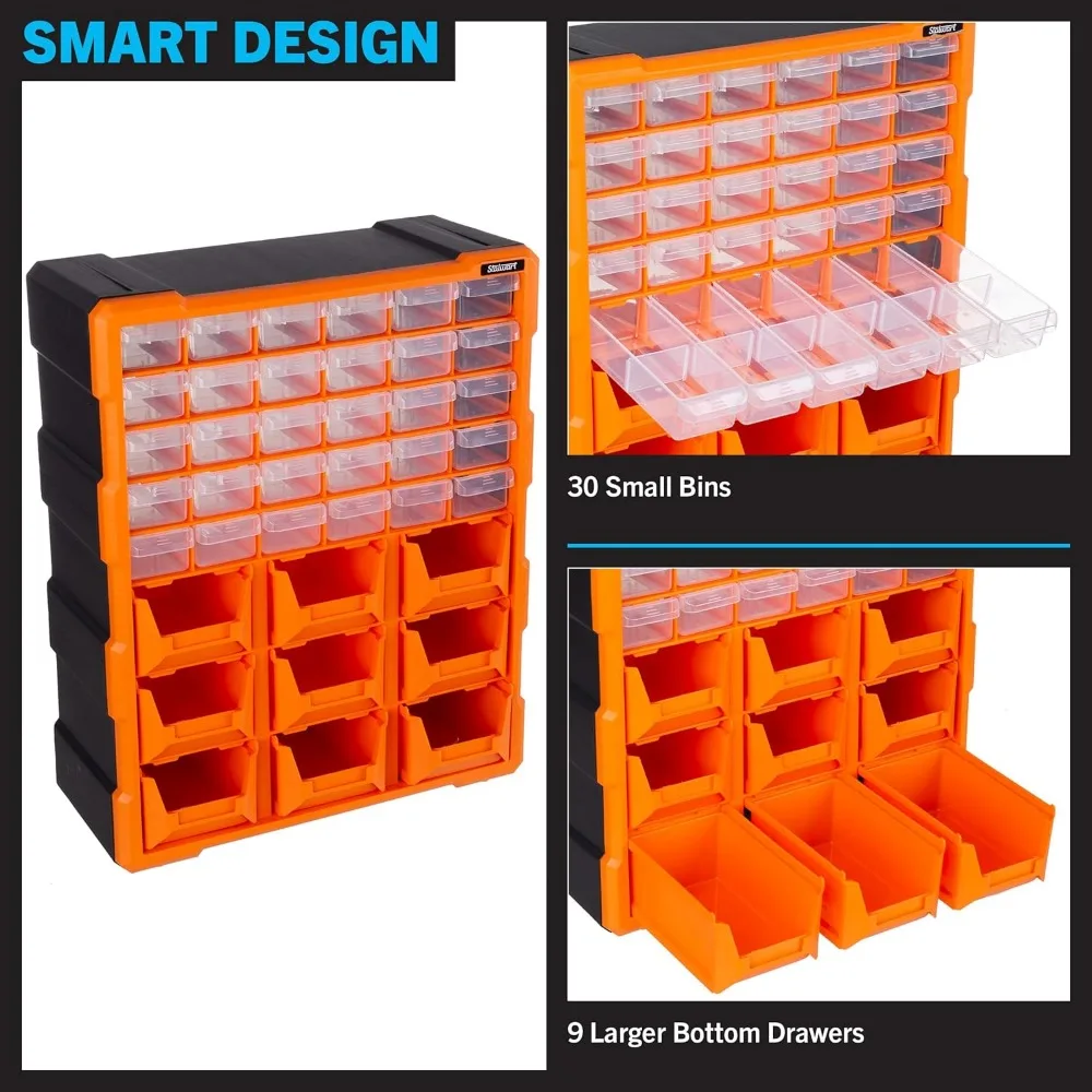 Plastic Storage Drawers - 39-Drawer Screw Organizer - Craft Cabinet for Storing Hardware, Beads, or Toys - Garage Organization