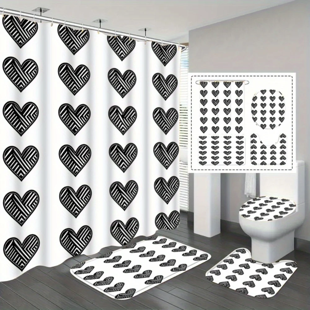 

4pc Simple striped heart pattern bathroom decorations, shower curtain with hooks, non-slip mat, toilet seat cover, non-slip mat.