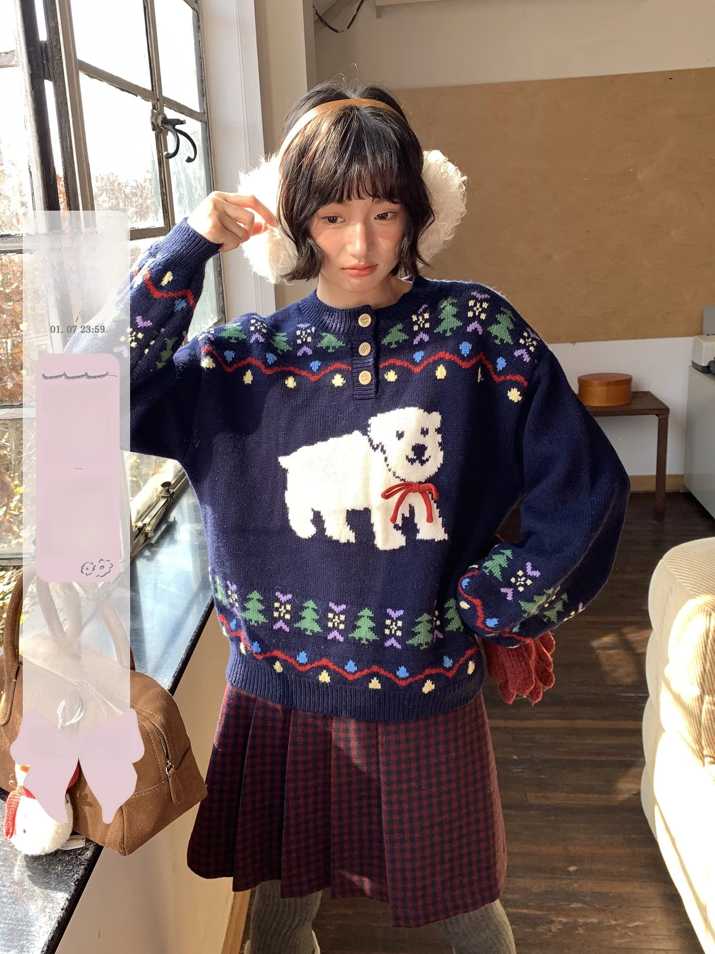 

Dog Crew Ne Sweater College Sle Loose Fit Women's Knitwear Vintage Pattern Casual Wear Long Sve round Ne