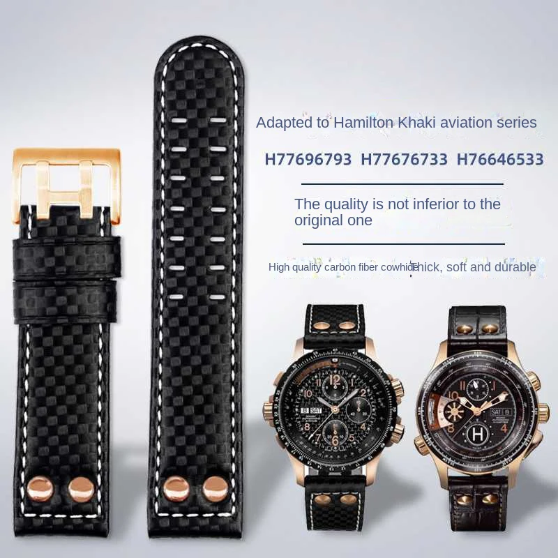 22mm High Quality Carbon Fiber Watchband For Hamilton H77696793 H7736733 Khaki Aviation Leather Strap Bracelet Watch Accessories