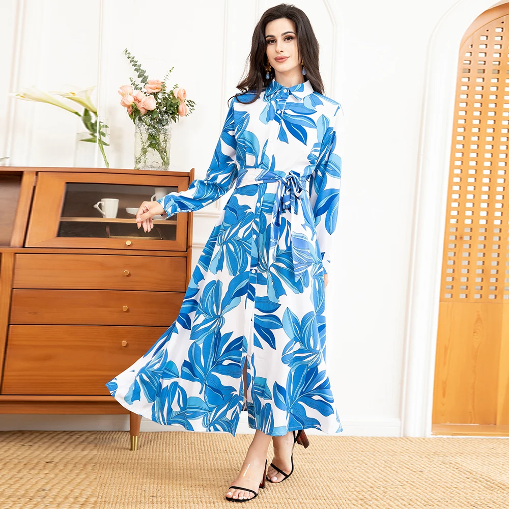 Muslim Abaya Sweet Party Long Dresses for Women Lapel Color contrast Printing Regular sleeve Female A-line Loose Skirt Kaftan