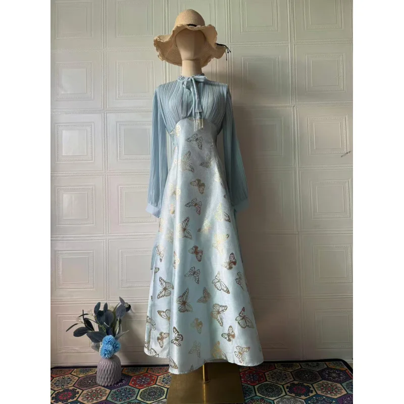 2025Spring Elegant Noble Long Sleeve Dynamic Romantic Temperament Gold Stamping Long Dress for Women