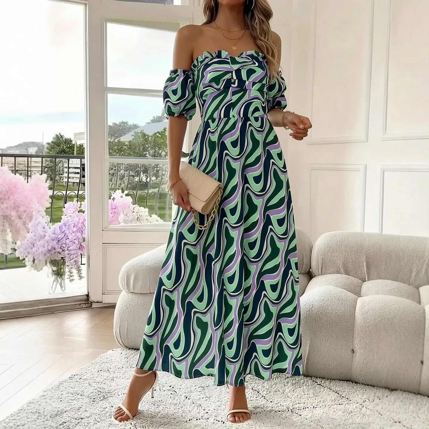 YuooMuoo Schickes Schulterfreies Maxikleid für Damen 2026 Neuerscheinung Bedrucktes Tailliertes Langes Sommerkleid Urlaubs-Strandkleid