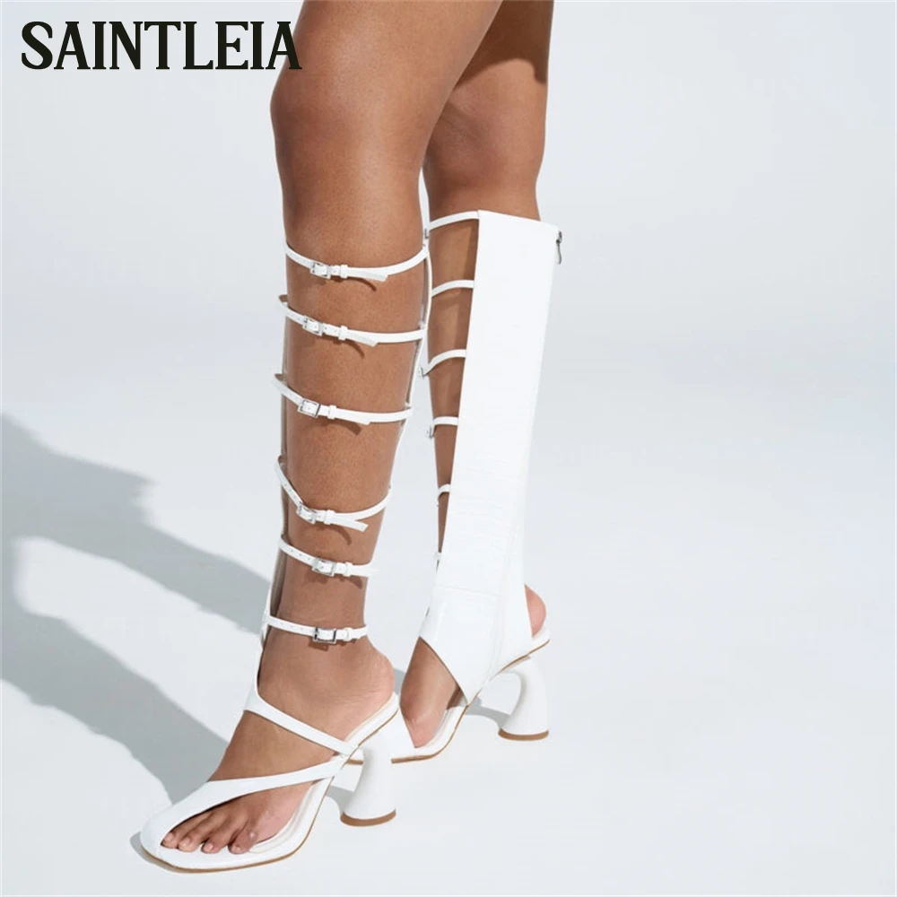 Chunky Uniquely Curved Heel Gladiator Boots Half-Open Almond Toe Sandal Knee Boots Six Thin and Adjustable Buckled Straps Boots