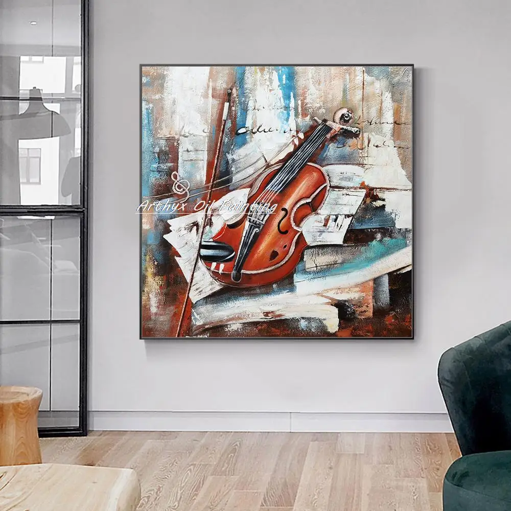 Arthyx Handpainted Musical Instruments Oil Painting On Canvas,Modern Abstract Violin Wall Art,Picture For Living Room,Home Decor