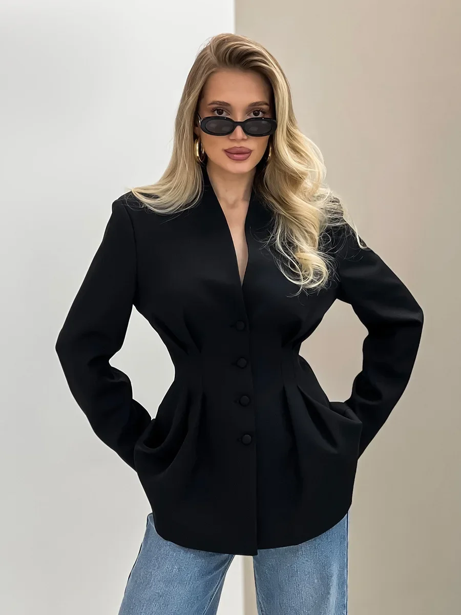 Wolfeel 새로운 여성 v 넥 허리 Cinched Blazer 우아한 Office Ready 솔리드 컬러 가을 겨울 캐주얼 데일리웨어 슈트