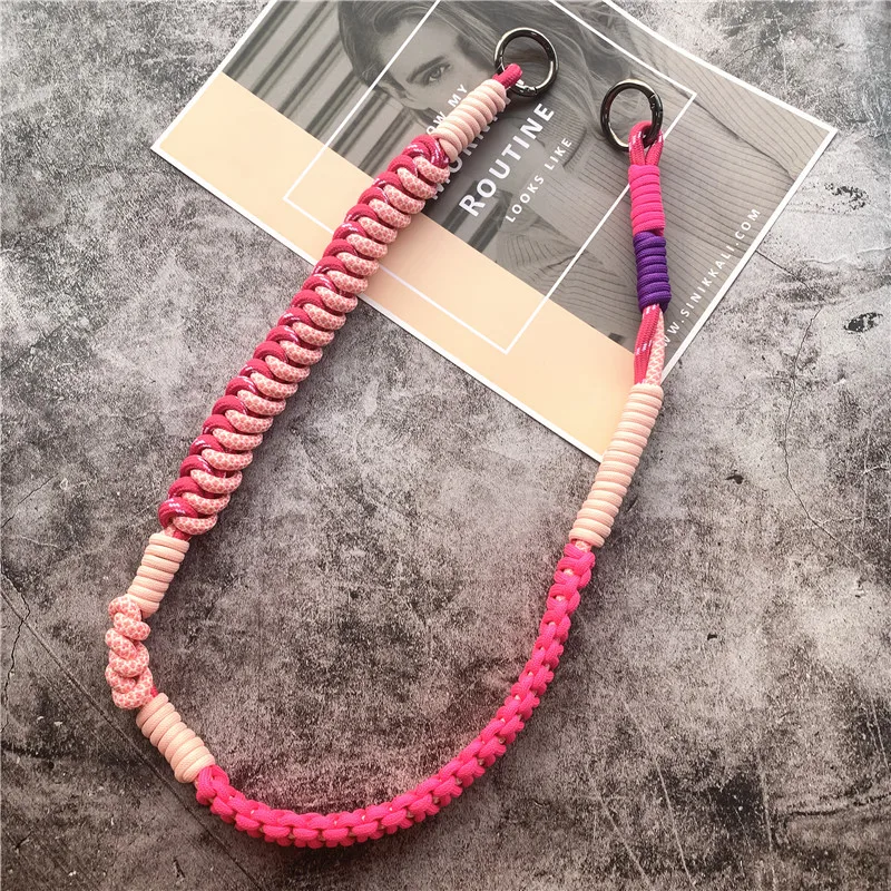 Rope to Hang the Mobile Cord Pink Strips Key Ring Lanyard Handmade Exquisite Phone Shell Shoulder Strap Metal Circle Bag Strap