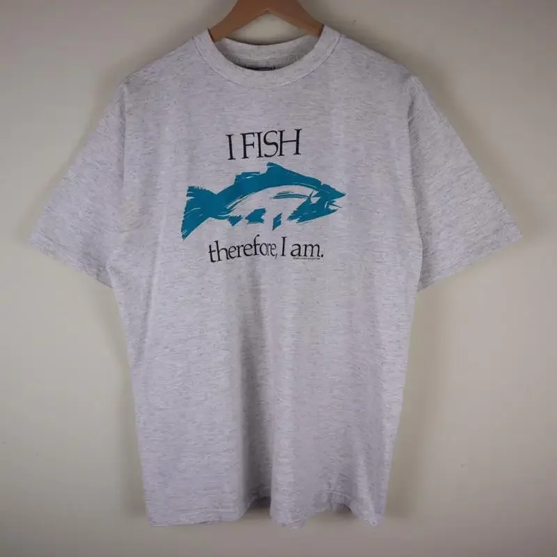 Vintage 90S I Fish Therefore Am Funny Fishing T Shirt Gray Adult Large 21X28