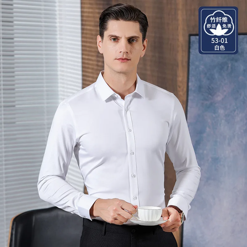 Spring and Autumn Formal Dress Social Men\'s Thin Pure White Long sleeved Shirt Non iron Casual Fit Business Quality Elegant