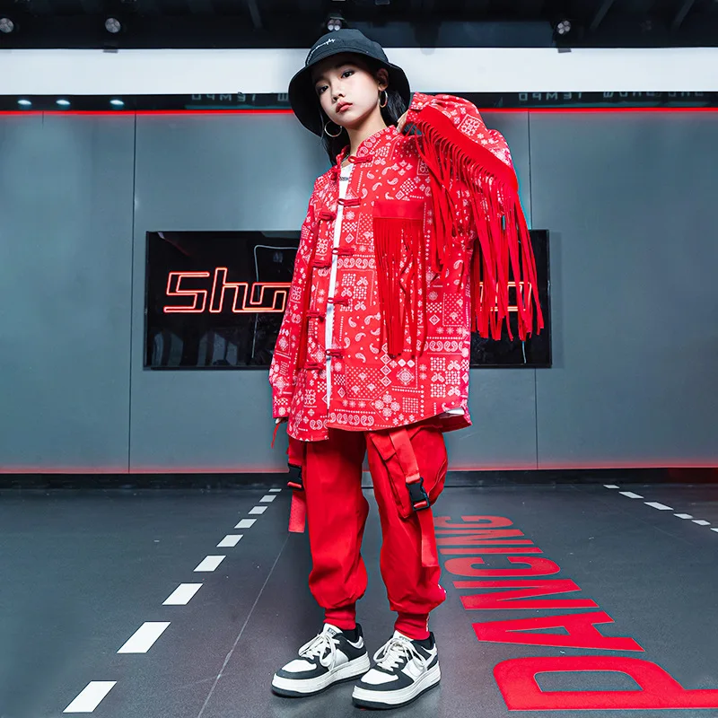 Czerwone spodnie streetwearowe Harajuku typu jogger, taktyczne spodnie cargo dla dziewcząt i chłopców, kostium do tańca, ubrania dla dzieci, odzież hip-hopowa.