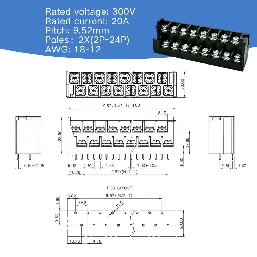 100PIN DG44-1 Barrier Terminal Block Staggered Double Deck Pitch 9.52mm 300V 20A Integrated PCB Connector