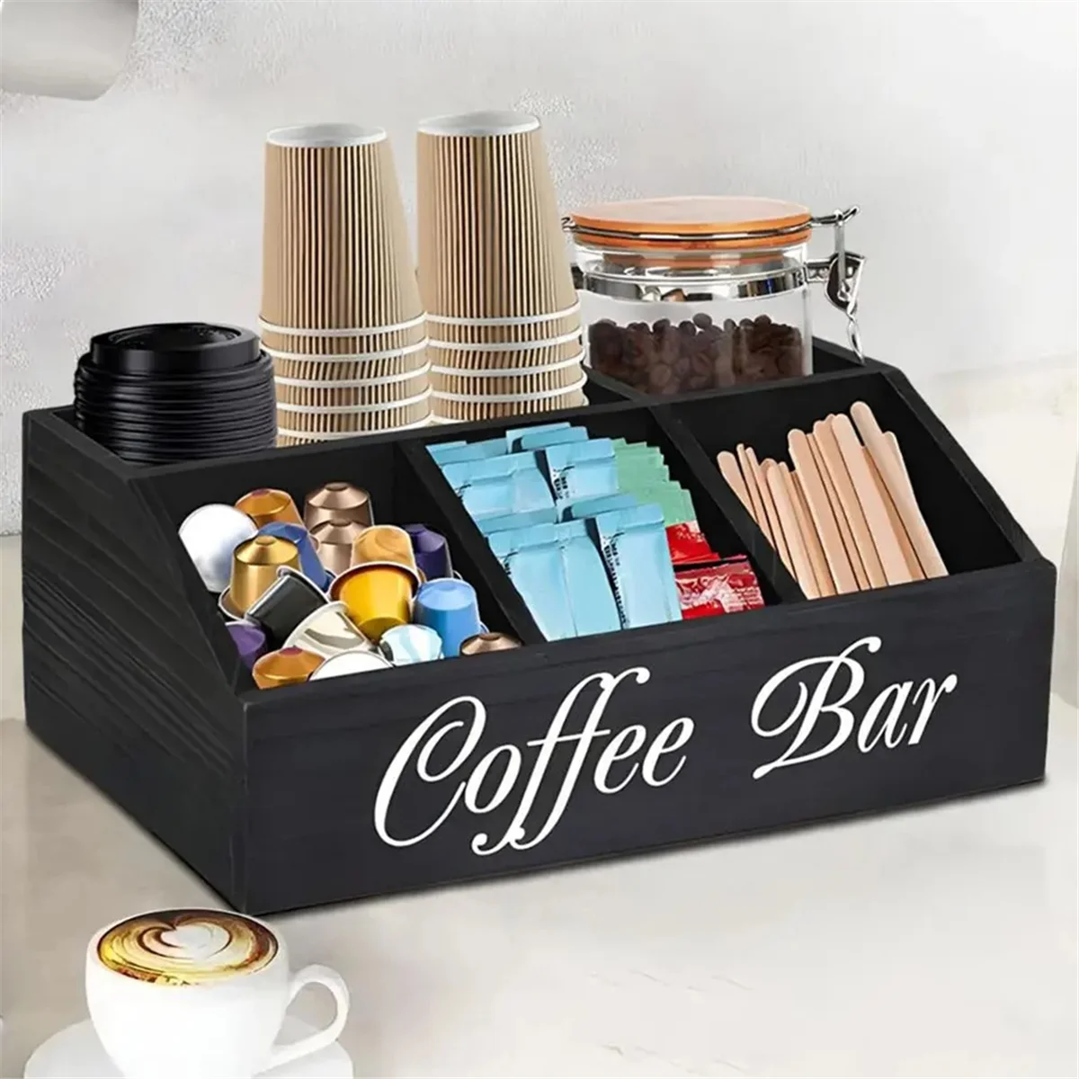 Coffee Station Counter Organizer Countertop Wooden Basket Holder Wood Coffee Pods Holder Storage Basket for Offices