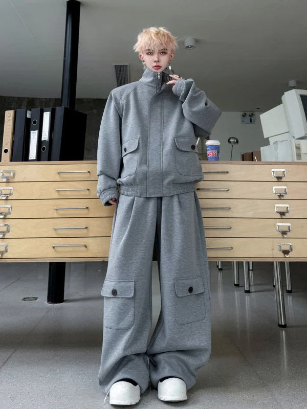 Conjunto de Ropa de Trabajo de Marca de Moda con Diseño Multibolsillos, Sudadera con Capucha de Cuero PU con Bloques de Color Estilo Patchwork y Pantalones Largos de Pierna Ancha