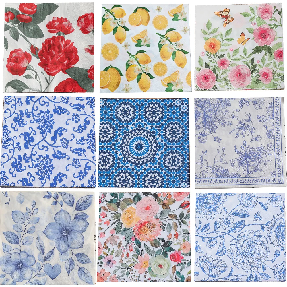 

20 Sheets Floral Decoupage Paper Napkins Blue Flower Printed Napkins for Birthday Wedding Baby Shower Garden Tea Party Supplies