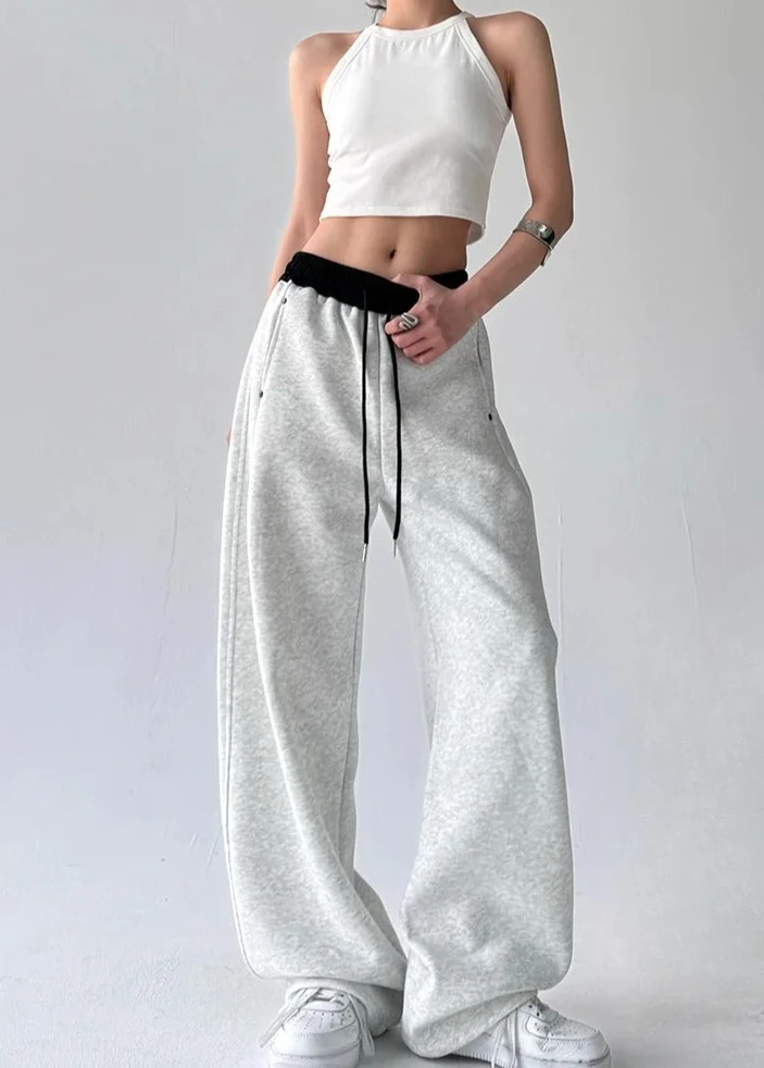 المرأة مرونة الخصر واسعة الساق السراويل عالية الخصر فضفاضة تناسب السراويل المرقعة الشارع نمط عارضة الأزياء #1