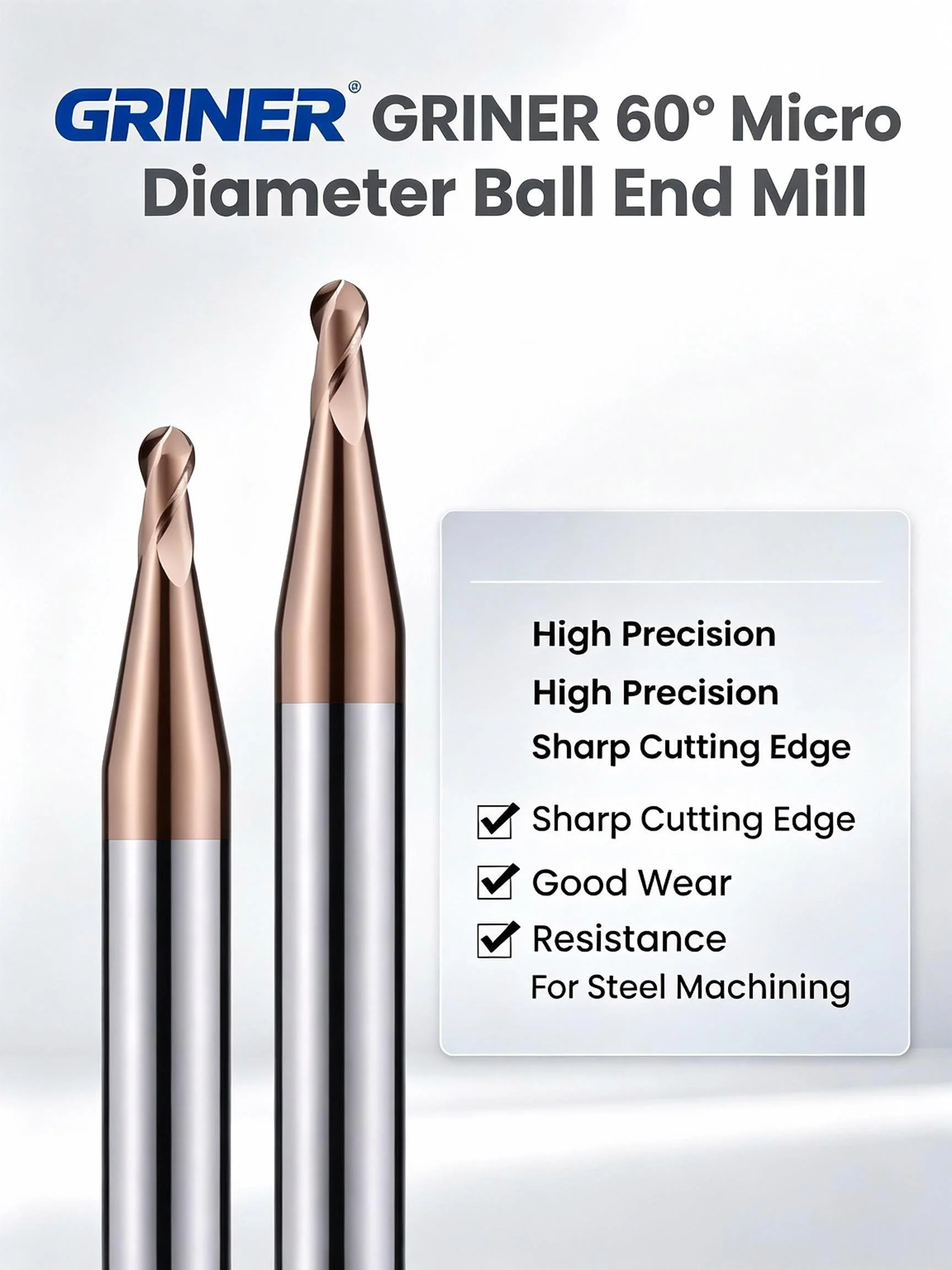 GRINER 60° 2 Flute Decimal Radius Carbide Ball Nose End Mill R0.55/R0.65/R0.85/R0.95/R1.05/R1.15 Steel CNC Cutting Tools